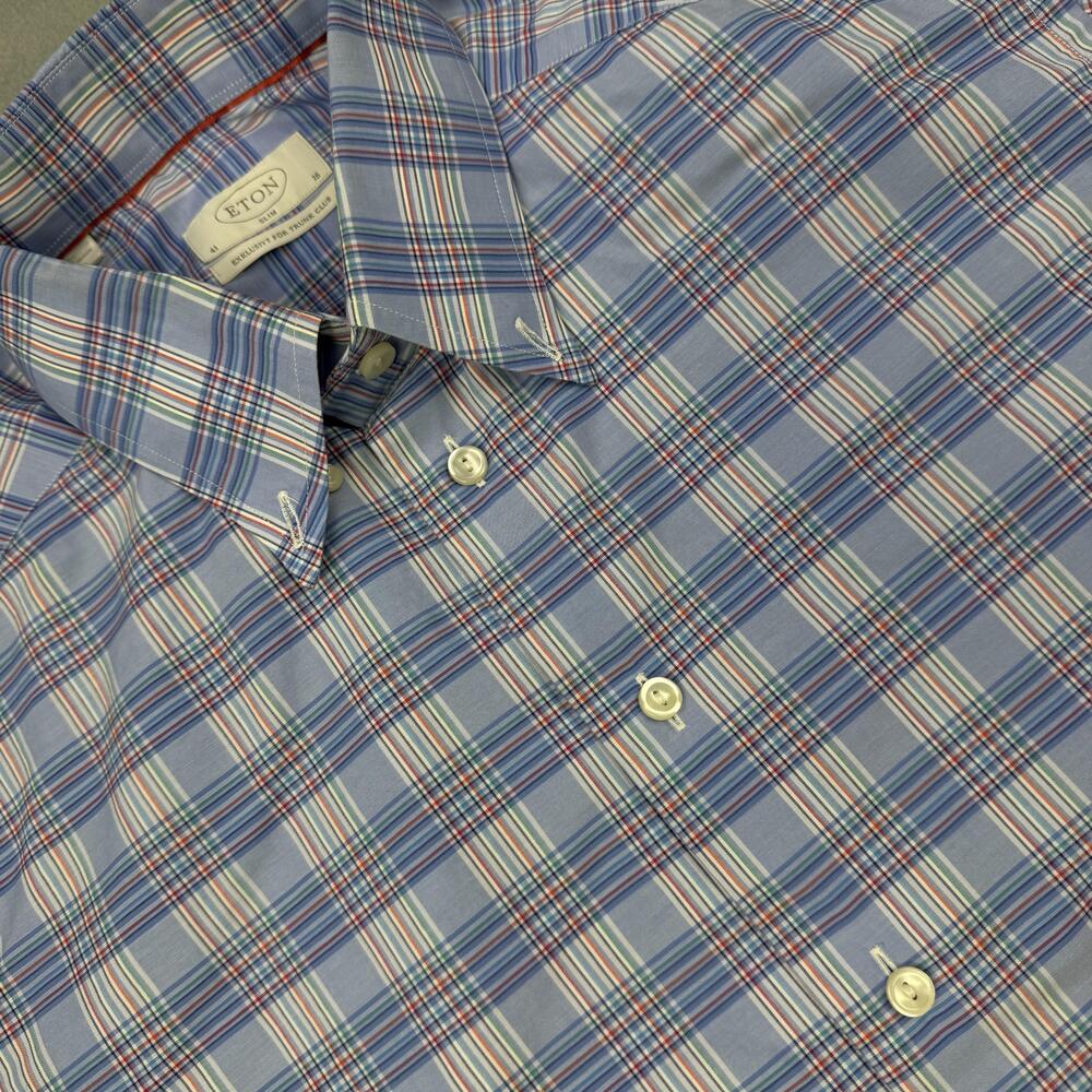 Eton Shirt Mens 16 Blue Plaid Slim Fit Non Iron Dress Long Sleeve Spread Collar